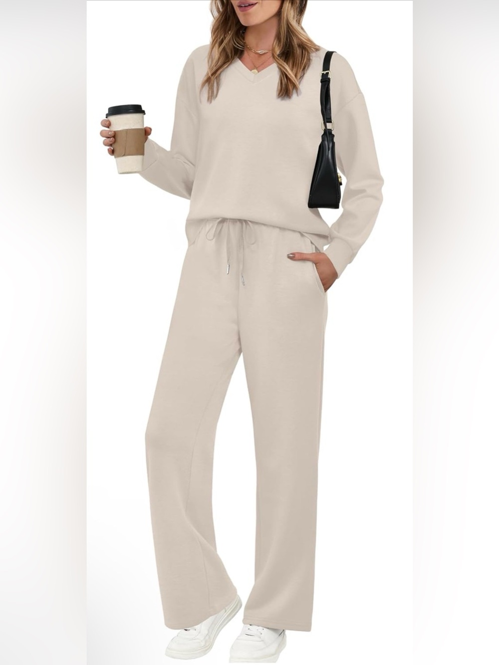 WIHOLL Lounge Sets for Women 2026 V Neck 2 Piece Outfits Airport Wide Leg Pants